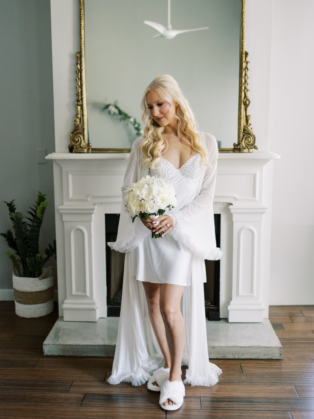 Satin & Lace Bridal Chemise with Long Sheer Robe - White
